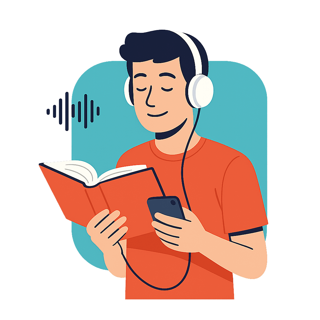 BookCast hero illustration - a person reading